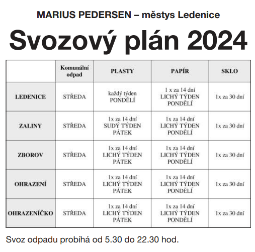 Svoz odpadů Ledenice 2024 - Svozový plán